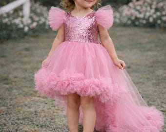 Puede incluir: Una niña pequeña con un vestido rosa con corpiño de lentejuelas, mangas con volantes y un dobladillo alto-bajo con una larga cola. El vestido tiene una falda de tul. La niña lleva una diadema a juego y sandalias brillantes. El fondo es un área cubierta de hierba con iluminación suave.