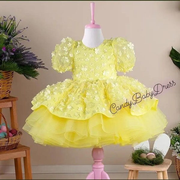 Yellow Baby Girl Dress. Baby Party Dress. 1st Birthday Dress Baby Girl, Yellow Princess Dress, Yellow Puffy Dress, Yellow Toddler Dress