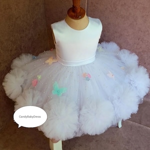 White Butterfly Baby Girl Dress, First Baby Birthday Dress