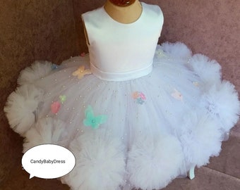 White Fluffy Baby Dress, White Flower Girl Dress, First Birthday Dress,Satin Fabric Butterfly Accent,Princess Style,Butterfly Details,