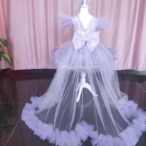 Vestido de menina lilás lavanda com cauda longa destacável e brilhante, vestido de menina de aniversário, vestido de bebê de casamento, vestido de bebê de tule, 1º aniversário