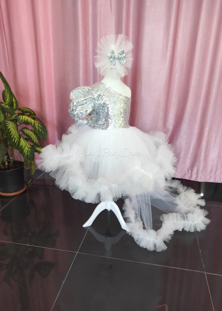 Gray Sparkly Gray Tulle One Shoulder Girl Dress, Baby Wedding Dress,  Princess Dress, Toddler Tulle Dress, Baby Wedding Dress, Flower Dress