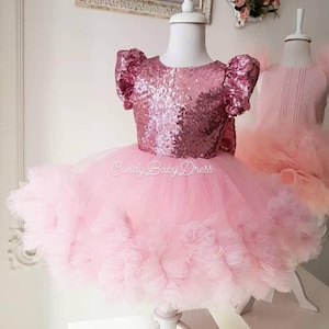 Pink Girls Dress, Luxury Belle Costume, Flower Birthday Outfit, Fancy frock, Baby Party Cloth, Princess Vesture, Babygirl Costume