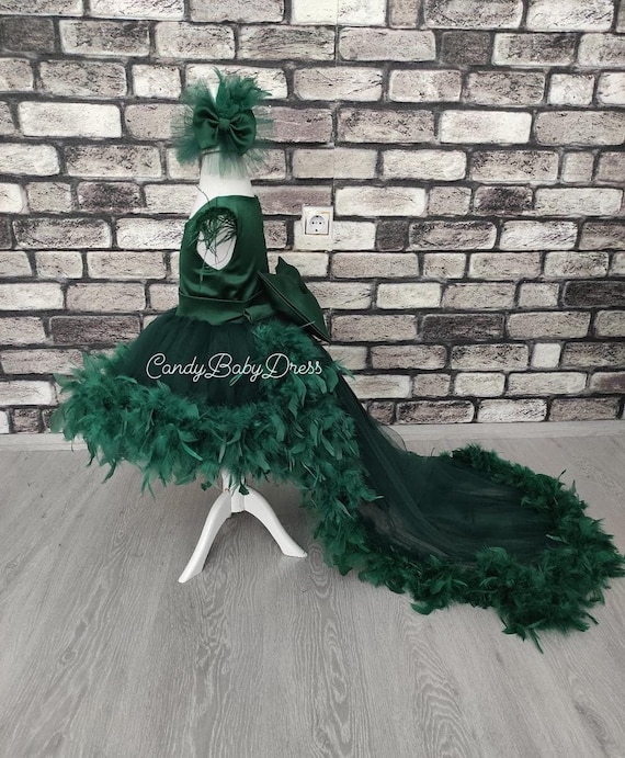 Emerald Green Flower Girl Dress, Tulle Feather Gown - Etsy