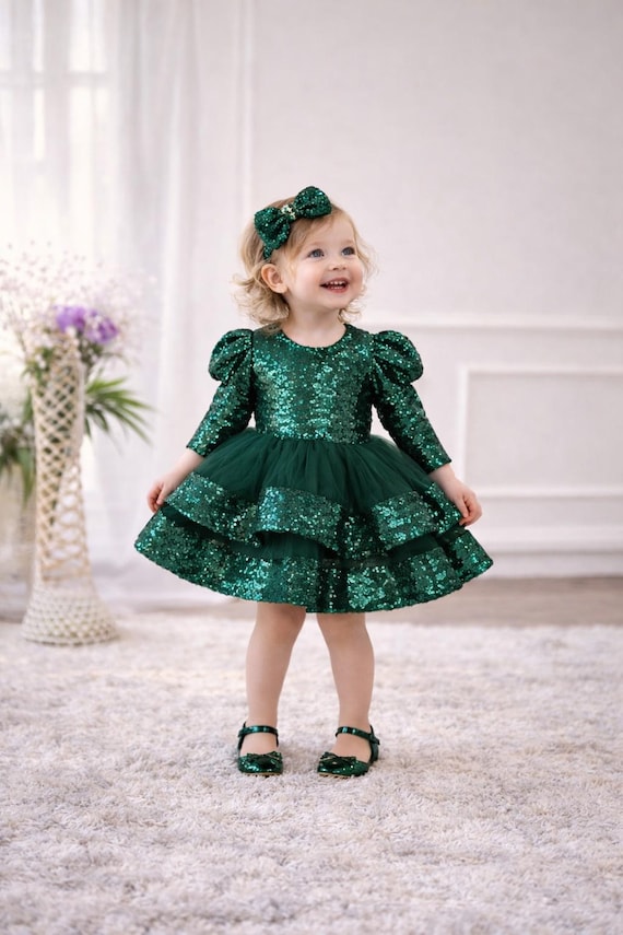 Emerald Green Sequin Toddler Dress Luxury Girl Party Dress, Birthday Outfit, Princess Dress, Handmade Kids Dress, Holiday Dress, Photo Shoot