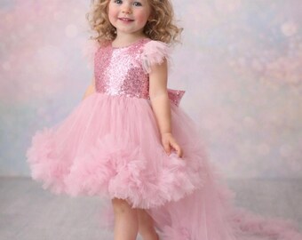Vestido de tul con lentejuelas rosas de lujo, atuendo de cumpleaños para niña de las flores