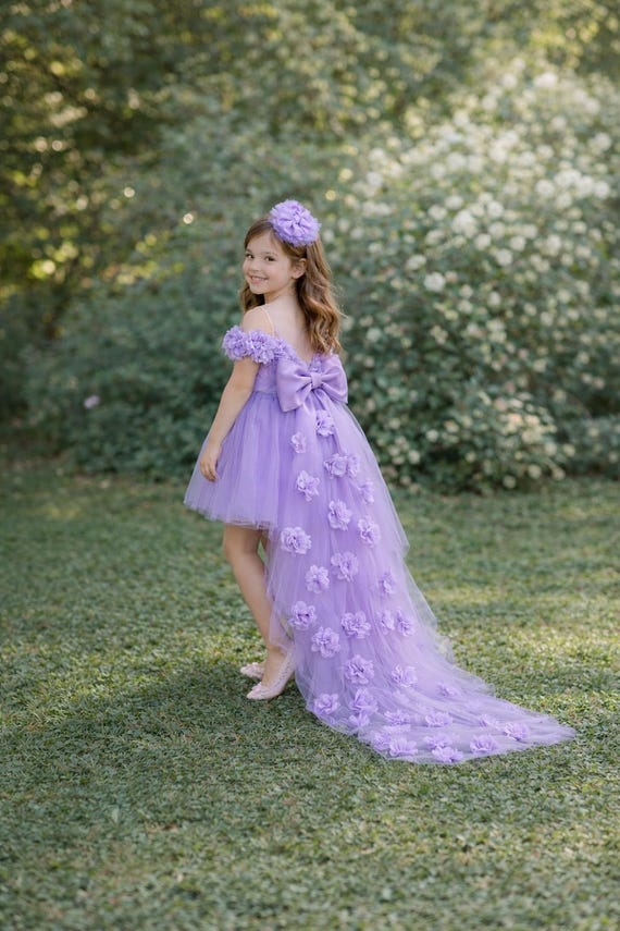 purple floral high low dress Lavender High Low Flower Girl Dress with Train, Back Bow Tulle Birthday Dress