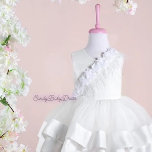 White Flower girl Dress, Luxury Belle Costume with Feather, Birthday Outfit, Fancy frock, Baby Party Cloth, Princess Vesture, Toddler dress