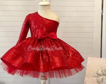 Red Baby Girls Gifts,Sequins Princess Flower One Shoulder Party Tutu Kids Dresses For Girls Toddler Girl Wedding Birthday 1st Birthday Dress