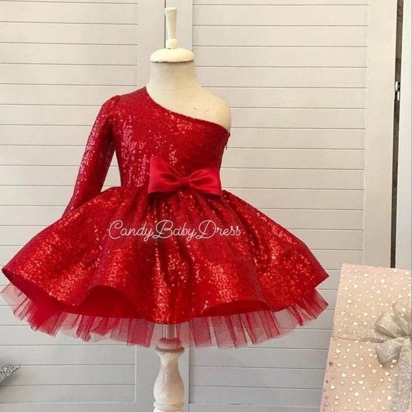 Cadeaux rouges pour bébés filles, paillettes princesse fleur une épaule fête tutu robes d'enfants pour filles bambin fille anniversaire de mariage 1er anniversaire robe