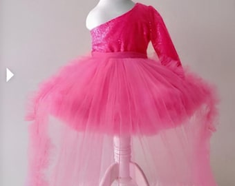Hot Pink Sequin & Tulle Dress, Long Train, Baby Girl Costume