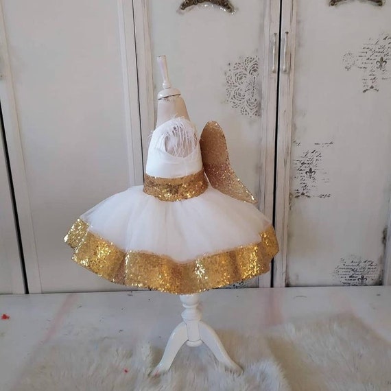 White and Gold Girls Dress Baby Toddler Sequin Baby Party Cloth