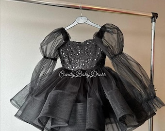 Black Sequin Tulle Flower Girl Dress, Custom Couture