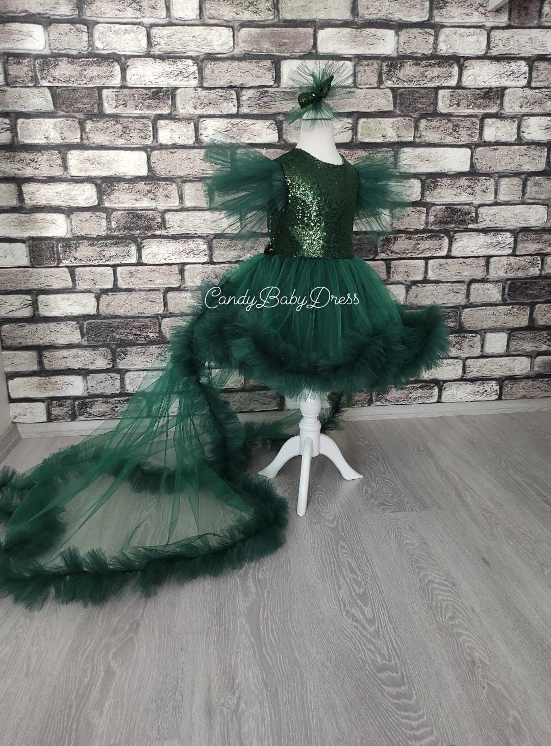Ball Gown Emerald Green Dress Baby Emerald Green Sequin Toddler Dress:  Ruffle Tulle, Long Sleeves, Handmade