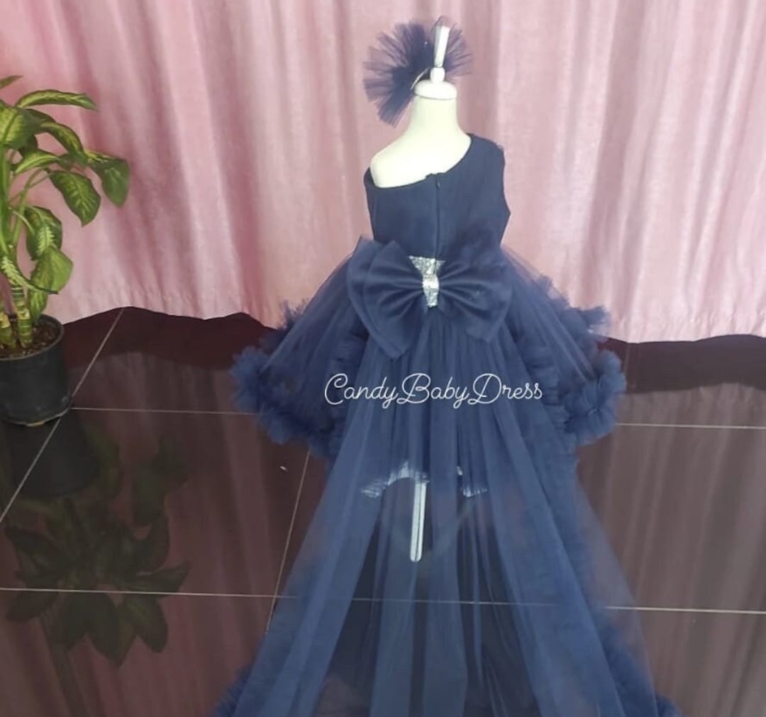 Navy Blue Baby Dress With Detachable Long Train , Navy Blue Baby Tulle