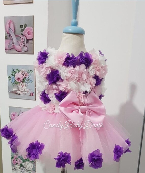 Pink Girl Dress With Flowers Flower Tutu Dress Flower Tulle Dress Special Occasion Dress First Birthday Pink Gown With Flowers Etsy