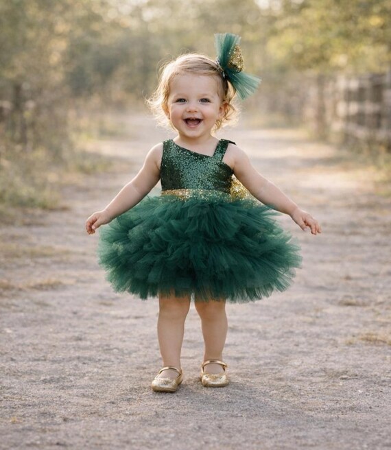 Emerald Green & Gold Sequin Bow Toddler Dress – Luxury Tulle Party Dress for Girls, Birthday Outfit, Princess Dress