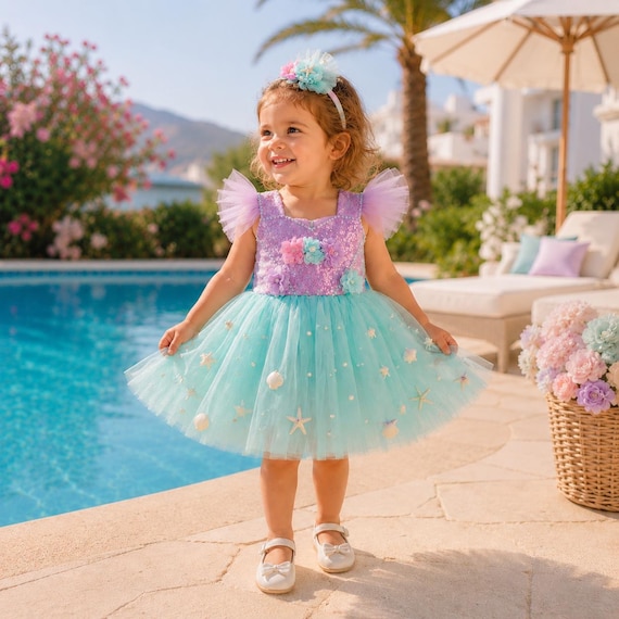 birthday dress beach Mermaid Dress, Under the Sea, Toddler Girl Dress, Dress, Princess Dress, Theme, Ocean Theme, Flower Girl Dress, Tulle Lilac Lace Appliques V-Neck SLOW-OCT-2024 photo shoots Size:9-10 Years (150cm)