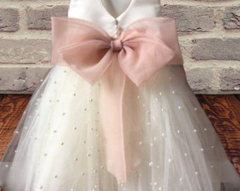 GRETA PEARLS Tulle Flower Girl Dress Blush Dress Wedding Bridesmaid Dress ,Girls Fancy Gown, Long Girl Outfit, Beautiful Ankle Garment,