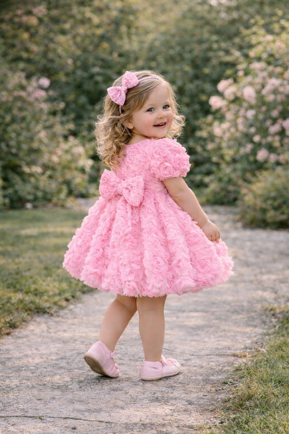 Pink Floral Rosette Toddler Dress, 3D Flower Girl Dress, Birthday Princess Dress for Girls, Handmade Kids Party Dress