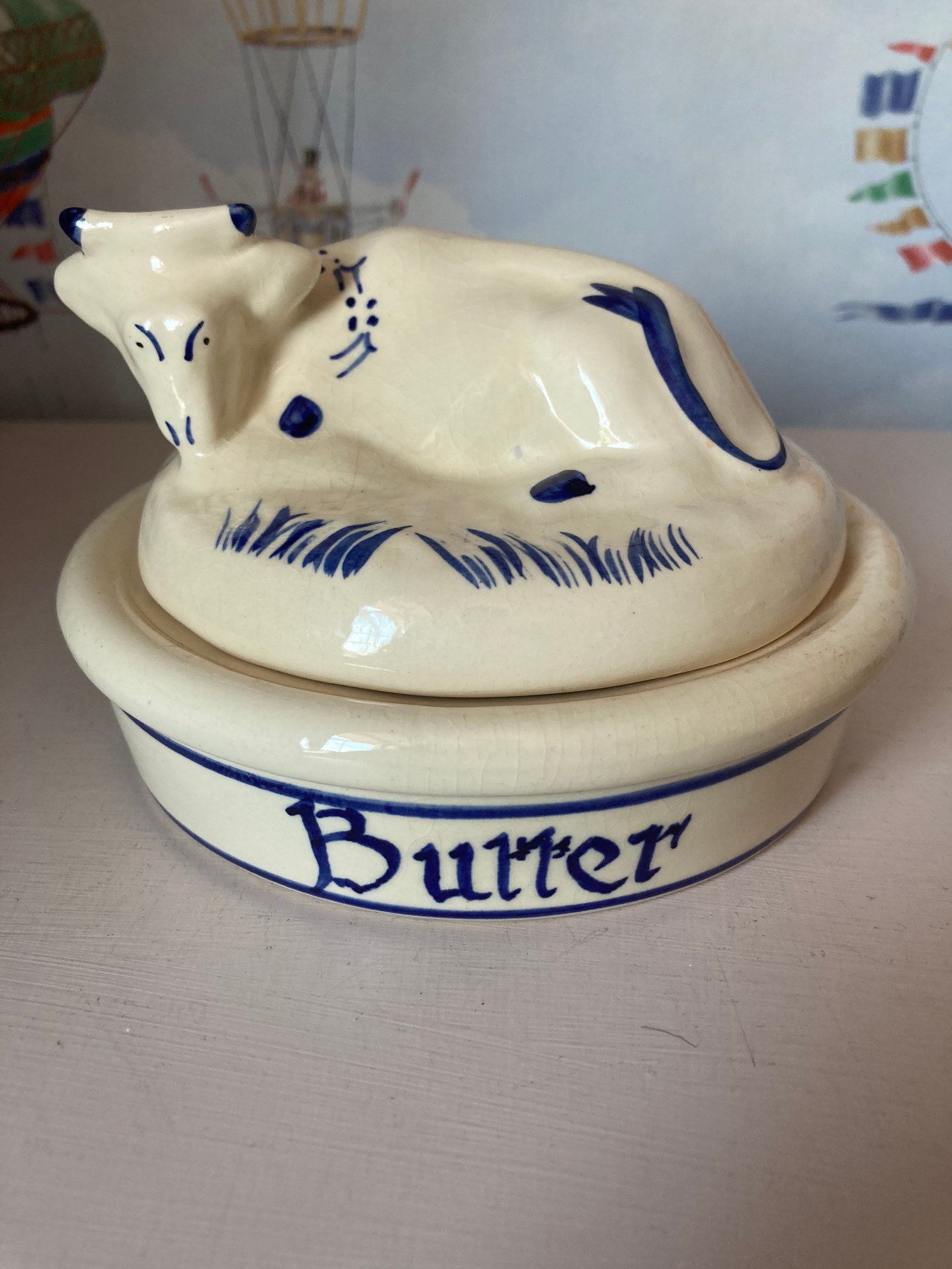 Vintage Cow Butter Dish Blue and White ceramic Etsy