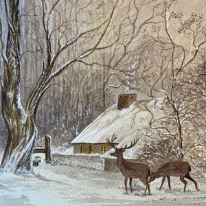 Original Watercolour Winter Forest Home Scene Painting