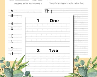 Tracing Worksheet with Letters, Numbers and Sight Words for Kids Elementary, Preschool, Kindergarten, PreK