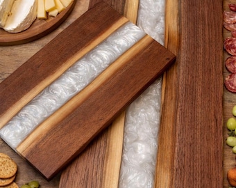 Walnut Epoxy Charcuterie Board | Custom Engraved Serving Board, Pearl White River