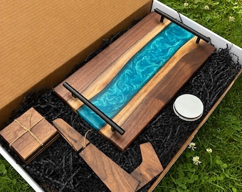 Personalisable Black Walnut Ocean Blue Epoxy Charcuterie Board Set | Live Edge Wood Serving Tray