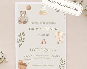 Neutral Baby Shower Invitation Template | Teddy Bear, Blocks, Greenery (Digital Download)