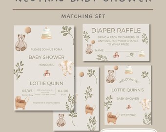 Neutral Teddy Bear Baby Shower Invitation Bundle (Digital Download)