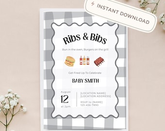 Ribs and Bibs Baby Shower Invitation | Gingham Grill Theme (Digital Download)