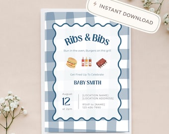 Ribs and Bibs Baby Shower Invitation | Gingham Grill Theme (Digital Download)
