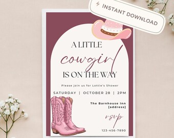 Pink Cowgirl Baby Shower Invitation Template | Western Boots Hat Invite (Digital Download)