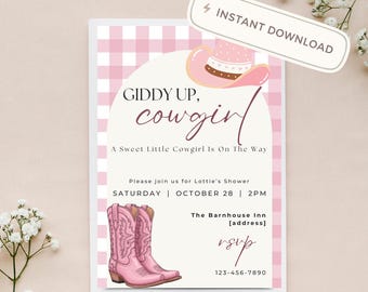 Cowgirl Baby Shower Invitation Template | Pink Western Boots Hat Invite (Digital Download)