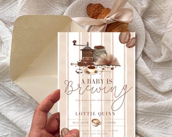 A Baby Is Brewing – Coffee Theme Baby Shower Invitation (Editable Canva Template)