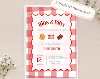 Ribs and Bibs Baby Shower Invitation | Gingham Grill Theme (Digital Download)