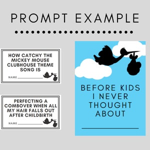 May include: Two printable cards with a blue background and black text. The top card features a black silhouette of a stork carrying a baby. The text reads "Before kids I never thought about". The bottom card features a black silhouette of a stork carrying a baby. The text reads "Perfecting a combover when all my hair falls out after childbirth".