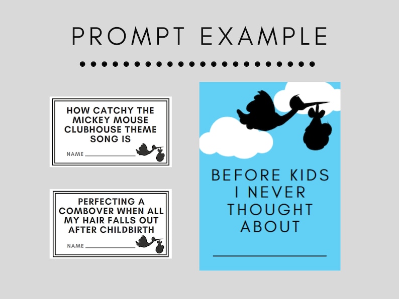 May include: Two printable cards with a blue background and black text. The top card features a black silhouette of a stork carrying a baby. The text reads "Before kids I never thought about". The bottom card features a black silhouette of a stork carrying a baby. The text reads "Perfecting a combover when all my hair falls out after childbirth".