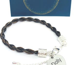 Personalised Horsehair Twisted Rope Bracelet: Engraved name charm Horse hair Memorial Keepsake