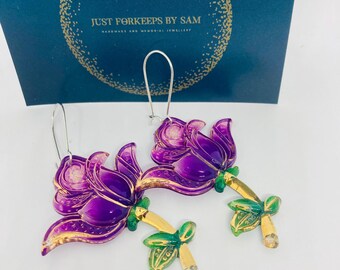 Purple Flower Dangle Earrings, Large Gold Accented Floral Jewelry