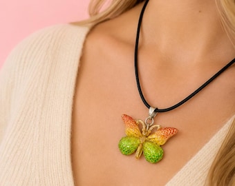 Butterfly Necklace, Green Pink and gold, insect Jewellery - Bug Necklace