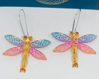 Dragonfly Earrings, Dragonfly Dangly earrings Pink Blue and Gold, Insect Jewellery
