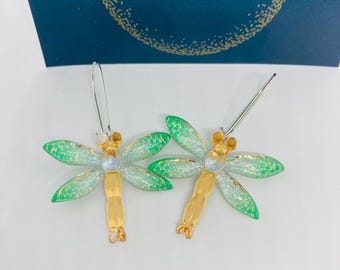 Dragonfly Earrings, Dragonfly earrings Green and gold - Insect Jewellery