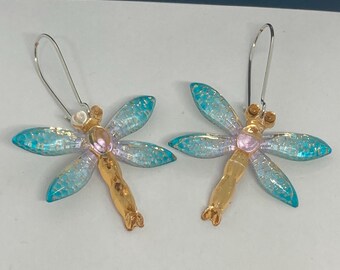 Dragonfly Earings, Insect Jewellery, Dragonfly earrings blue and gold