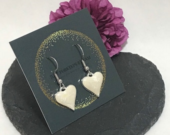 Heart Dangle Earrings: White Opal Effect, Hypoallergenic Hooks