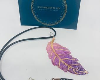 Purple Gold Feather Necklace, Waxed Cord Jewelry, Gift for Women
