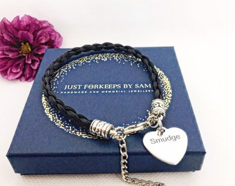 Engraved Name Horse Hair Braided Bracelet: Patterned Metal ends Personalised Horsehair Keepsake Memorial Jewellery