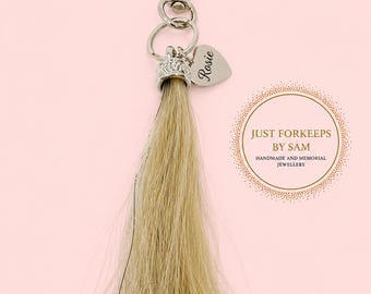 Engraved Horsehair Tassel Keyring with clip : Personalised Name Equestrian Memorial Keepsake
