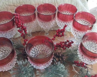 8 Indiana Glass Diamond Point Ruby Band goblets